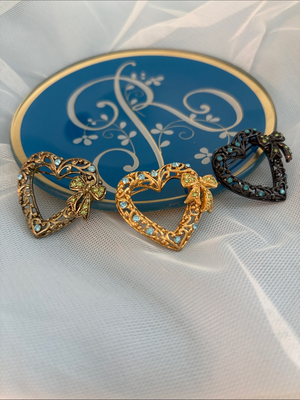 Vintage Filigree Heart Brooches with Blue and Green Crystals - Women Jewelry
